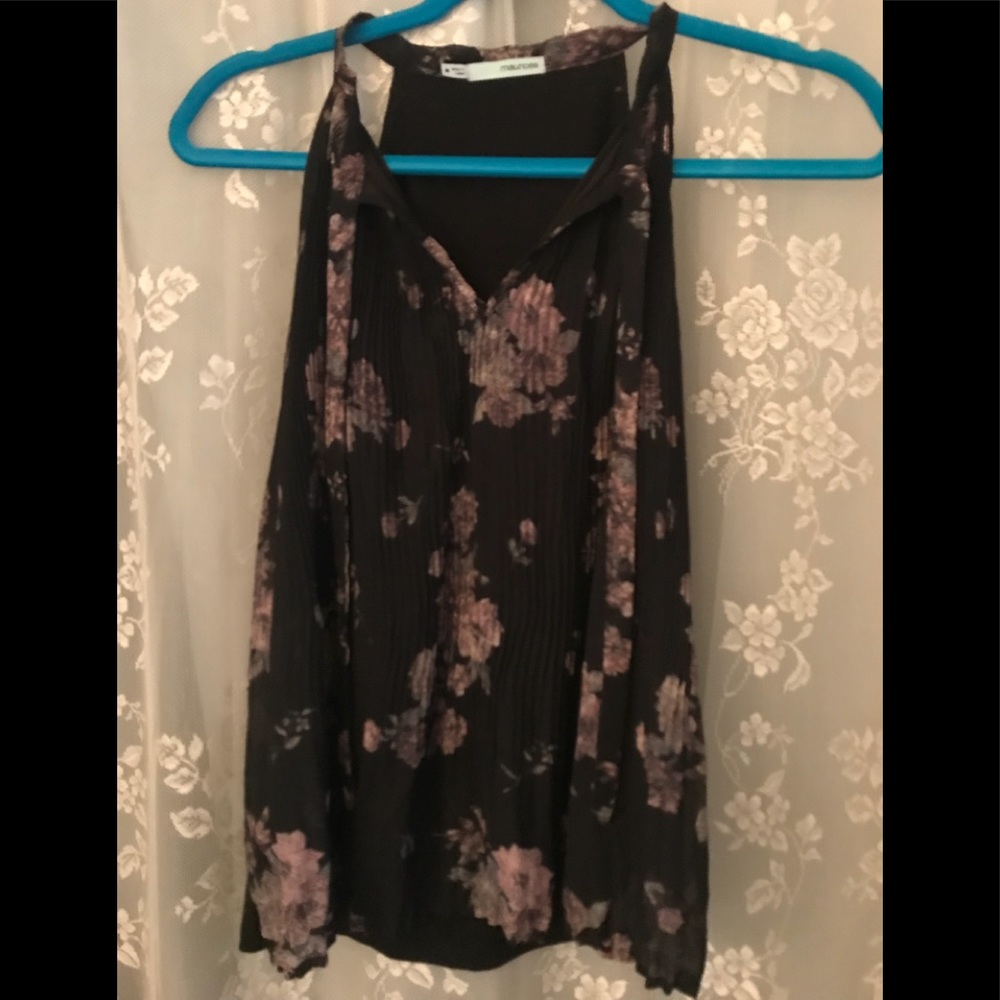 Floral Pleated Halter Top - Black with Mauve Flowers